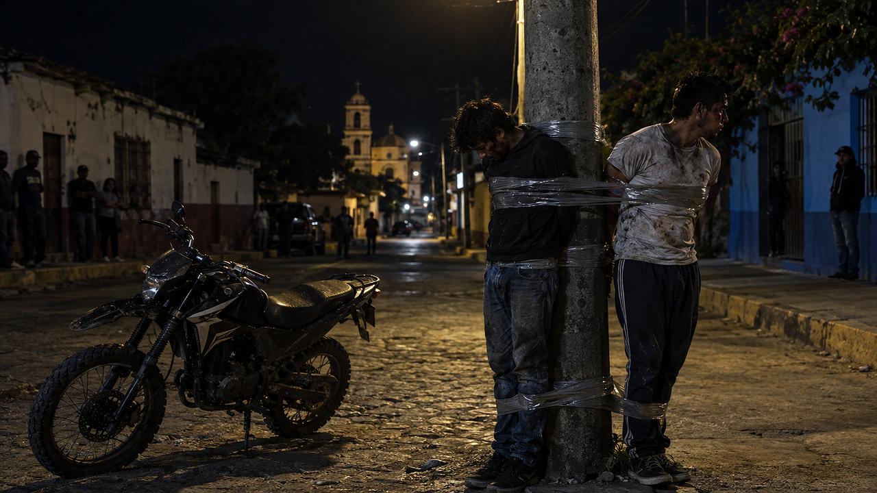 Vigilante justice: Motorcycle thieves tied up in a small Mexican town (AI-generated)